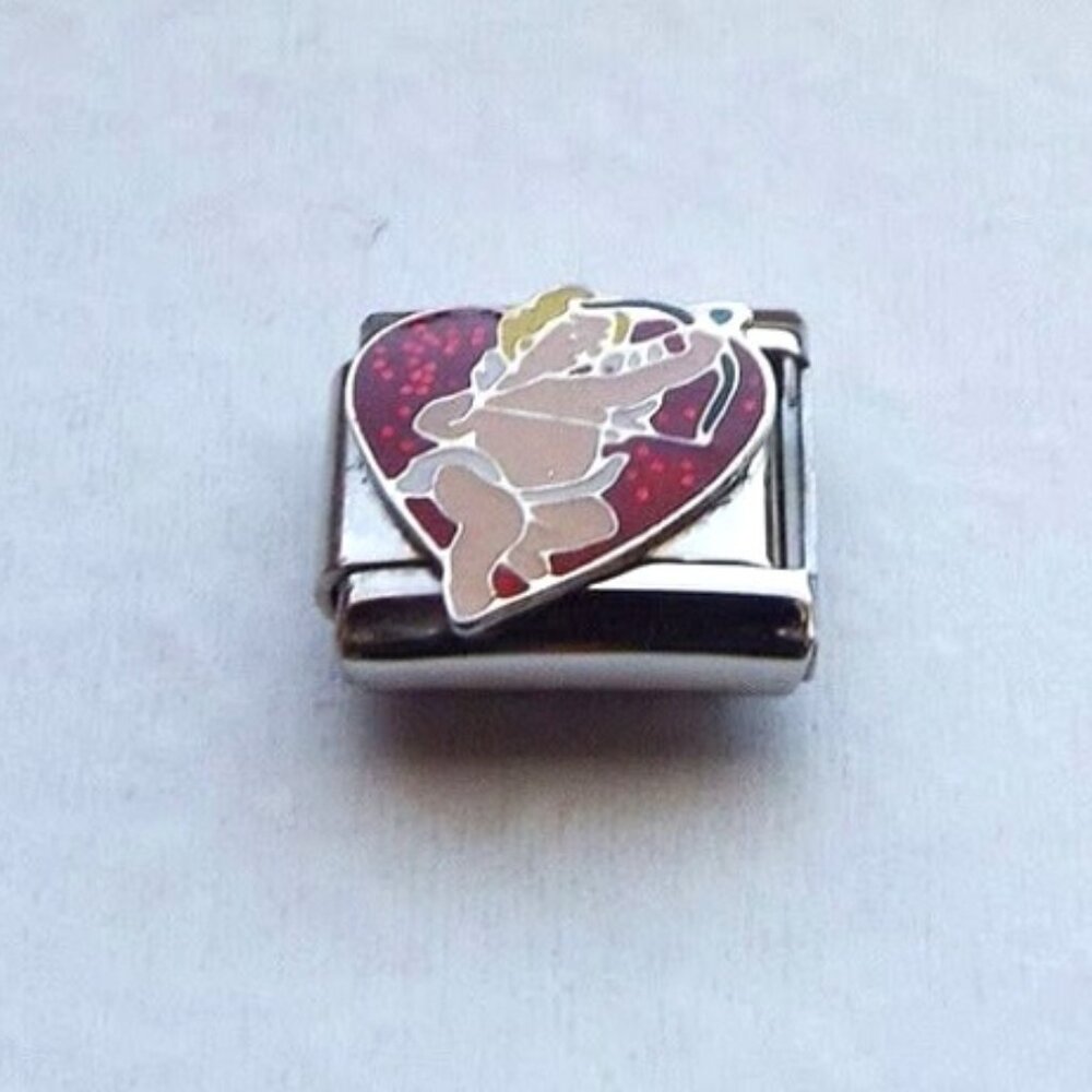 Cupid in a red enamel heart 9mm stainless steel italian charm bracelet link new
